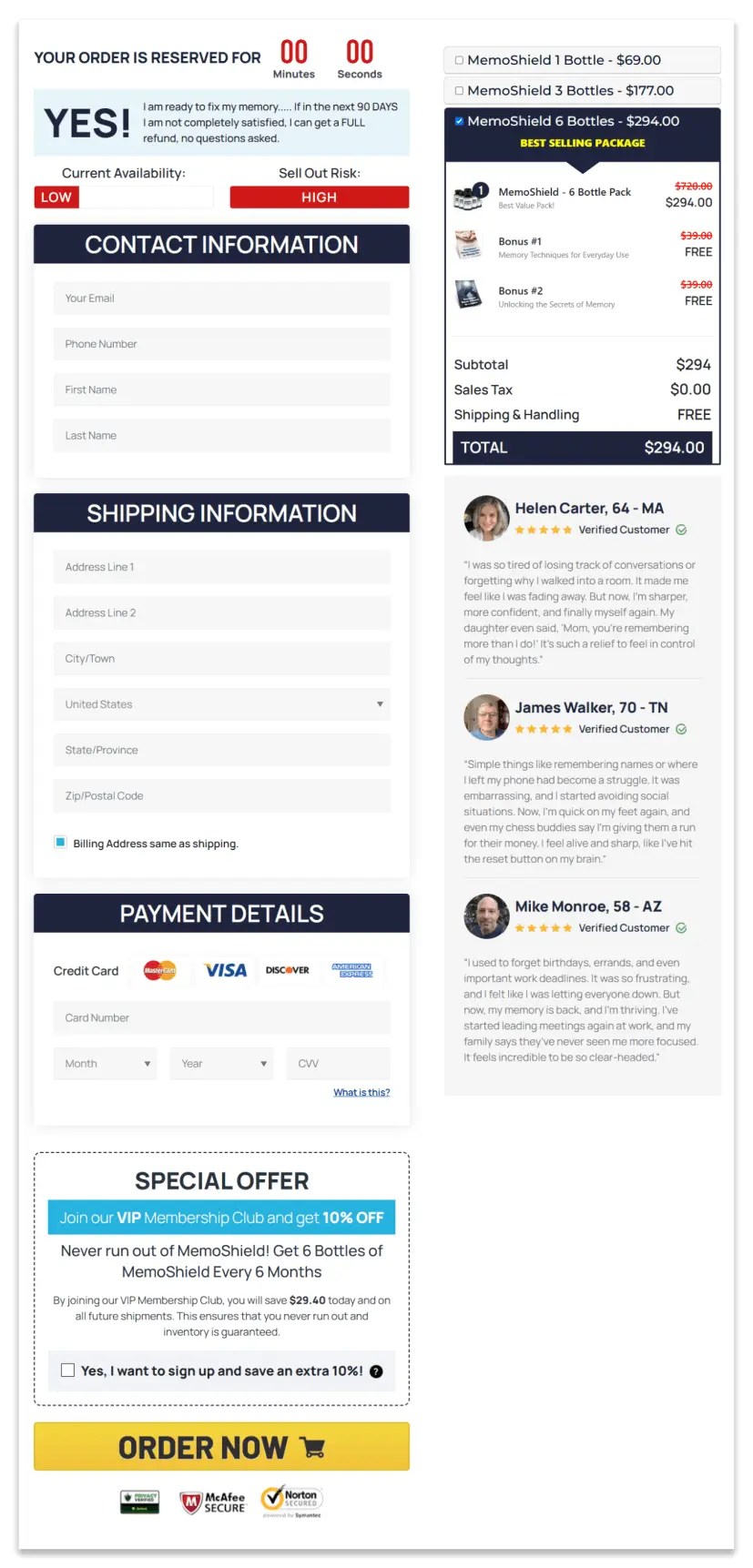 MemoShield Secure Checkout Page